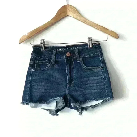American Eagle Women’s High Rise Dark Denim Country Western Beach Shorts 0 - Picture 1 of 7